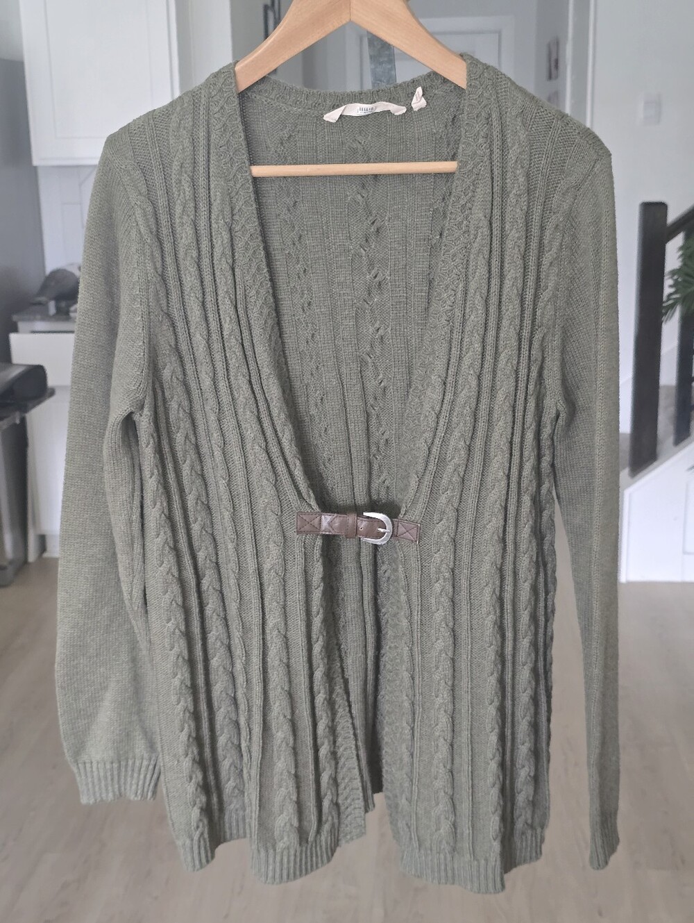 Soft Surroundings Olive Cable Knit Belted Open Cardigan Sweater Women's Medium